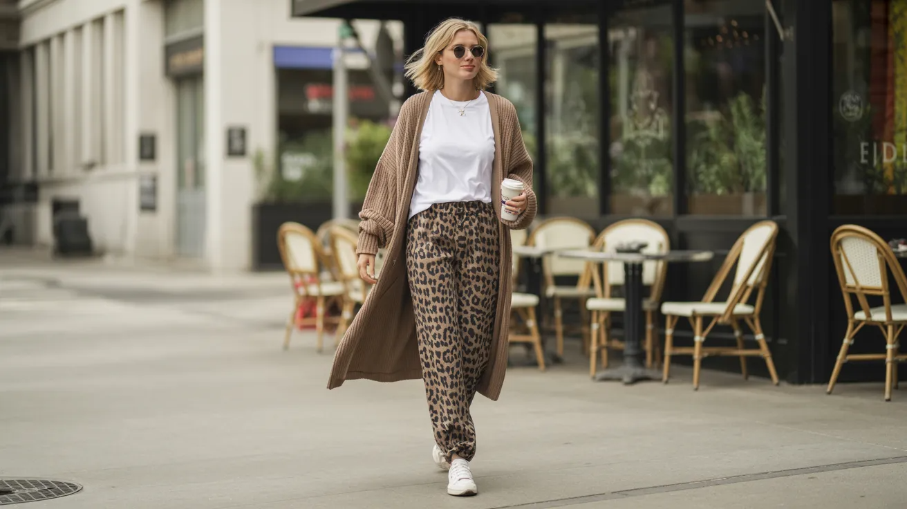 Leopard pants styled with white tee and brown cardigan for casual cozy outfit.