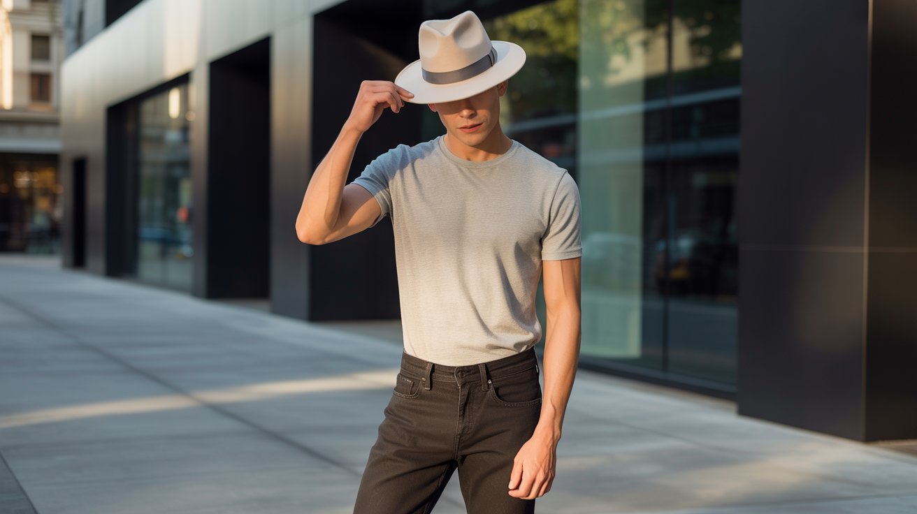 Casual outfit featuring a fedora, fitted t-shirt, and well-fitted jeans outdoors.