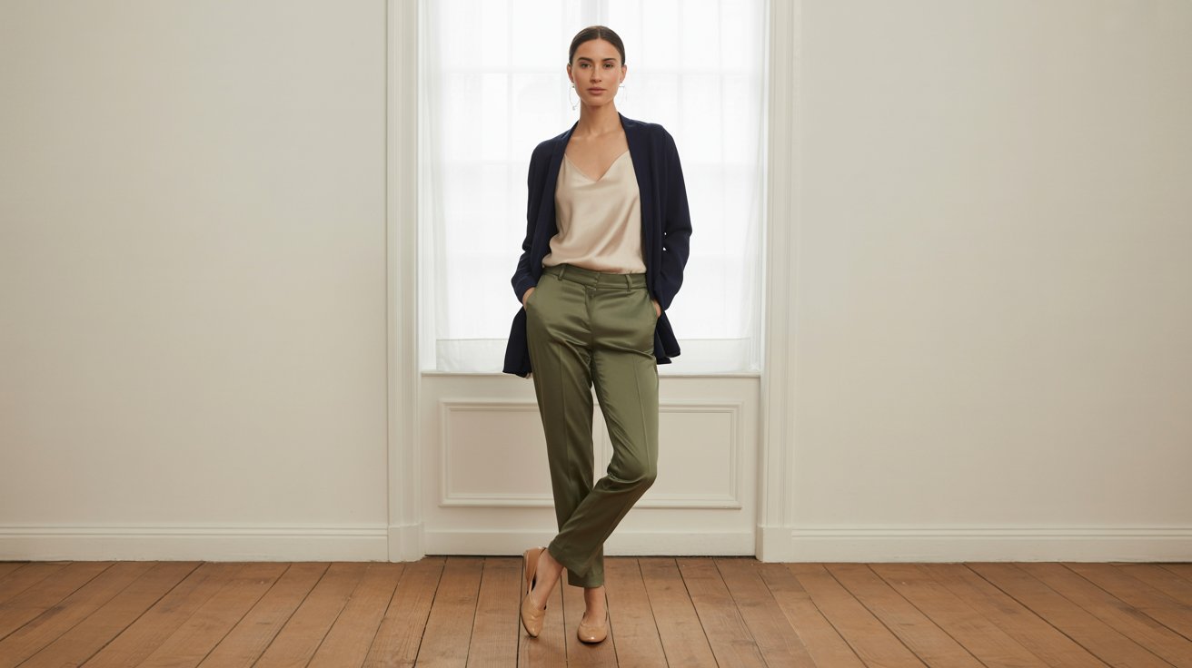 Olive green pants paired with navy cardigan and flats for polished everyday style