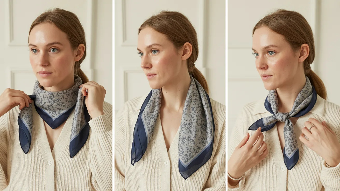 Square scarf folded into a bias style and worn loosely around the neck for a simple everyday look.
