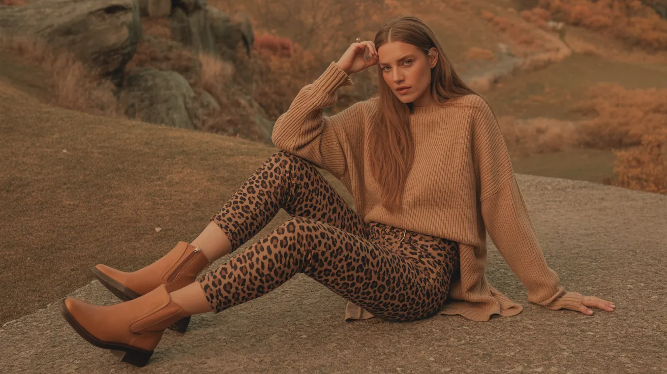 Leopard pants with brown monochrome outfit for cohesive fall style.