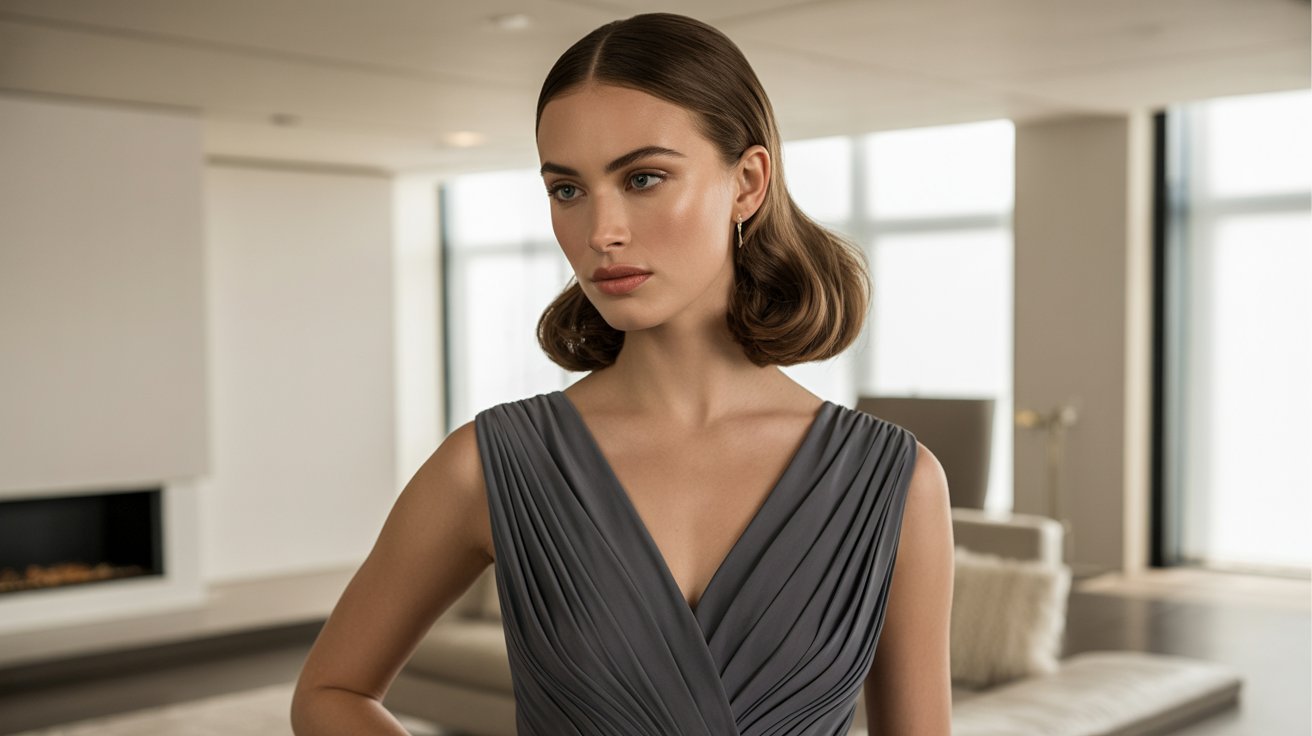 "Woman in a V-neck dress with a half-up half-down hairstyle creating an elegant elongated look"