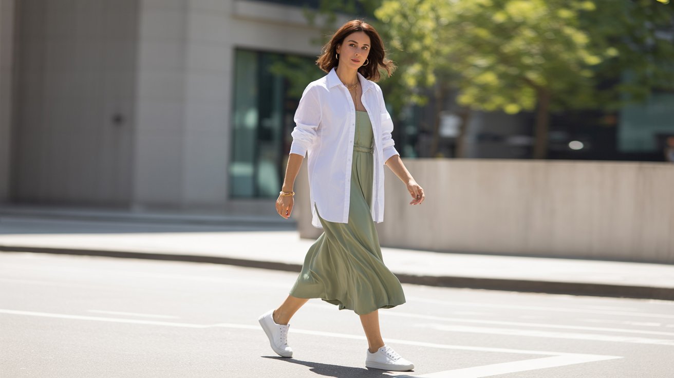 Woman crossing a sunny street in a classic white button-down shirt layered over a satin sage green midi dress.