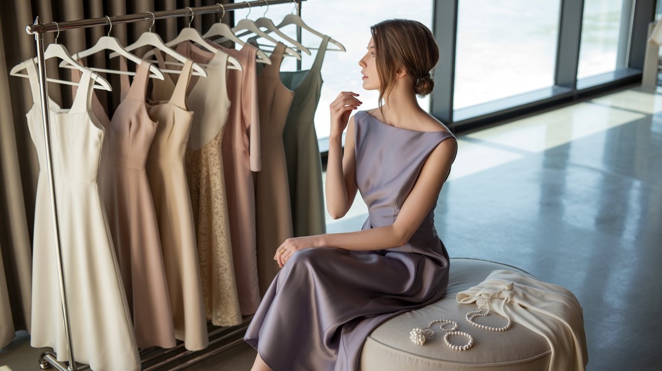 "Woman styling her hair to match a dress neckline in a modern fashion-inspired dressing space"