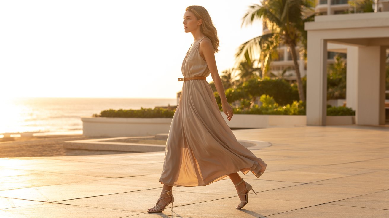 "Woman wearing a flowing maxi dress with heeled sandals in an elegant resort-style outdoor setting."