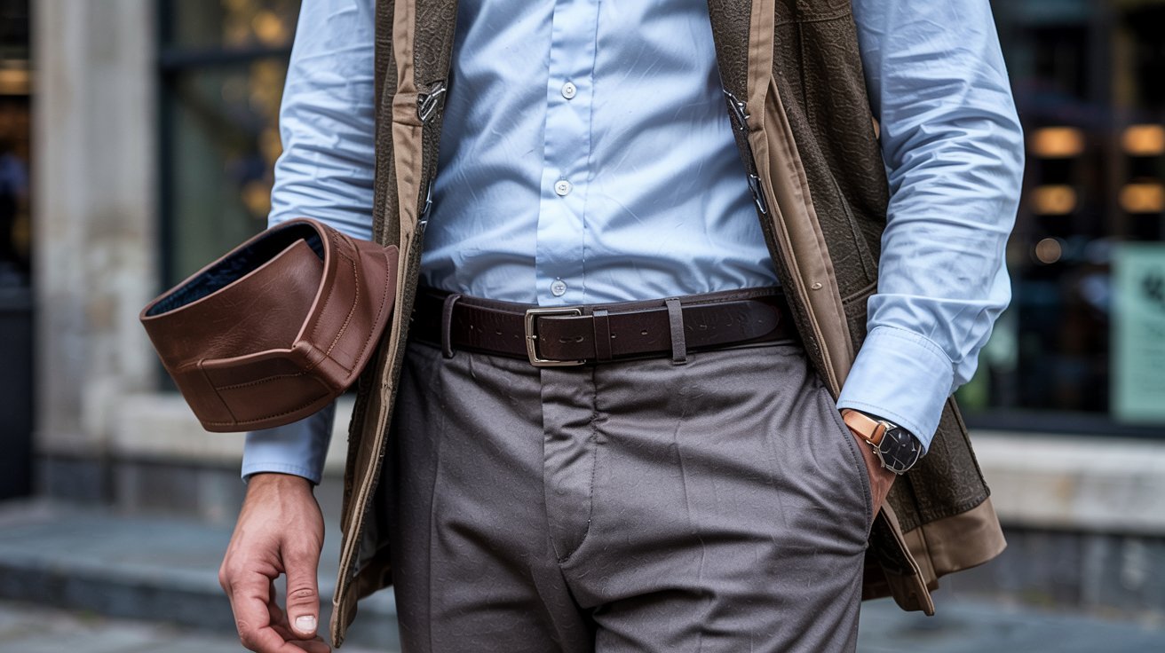 "Smart-casual outfit with a tucked-in shirt and slim polished belt buckle"
