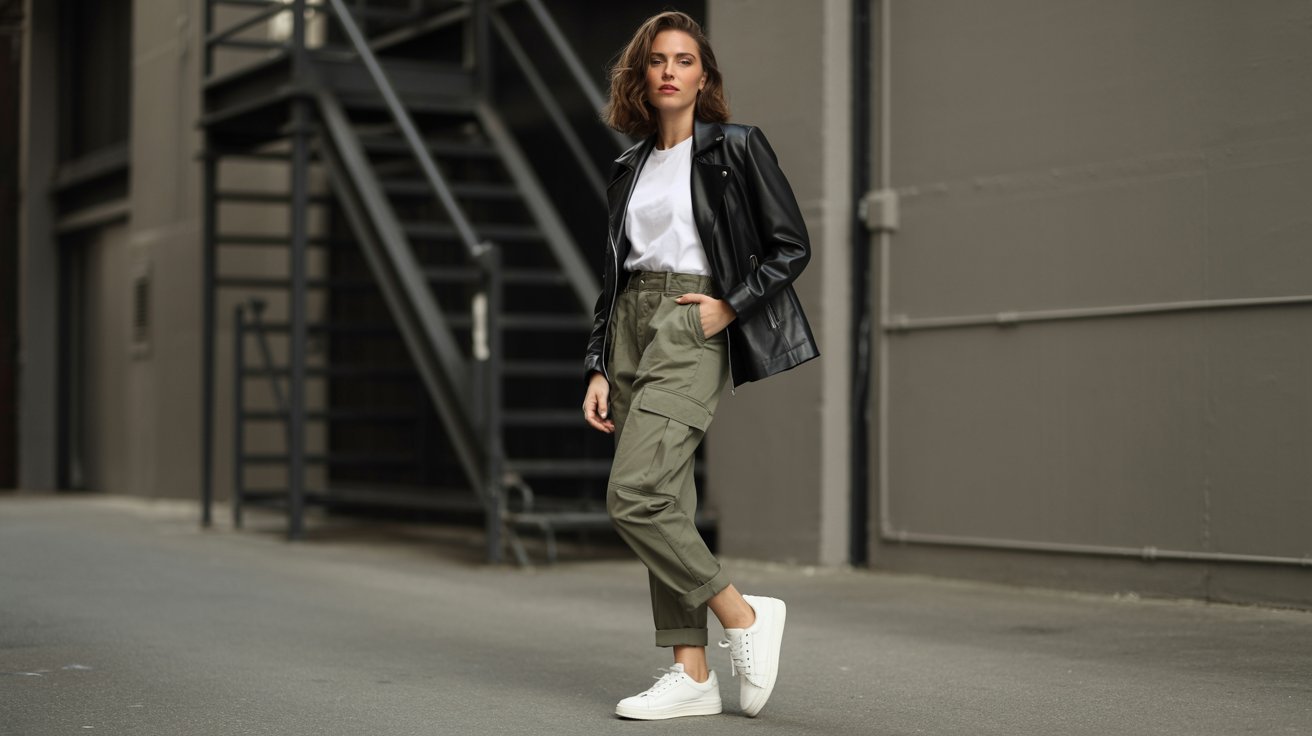 Woman wearing olive green pants with leather jacket and sneakers casually