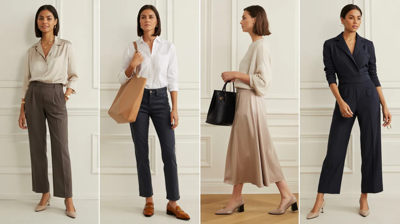 Collage of elevated casual women’s outfits featuring blouses, tailored pants, jeans, skirts, dresses, and refined accessories.