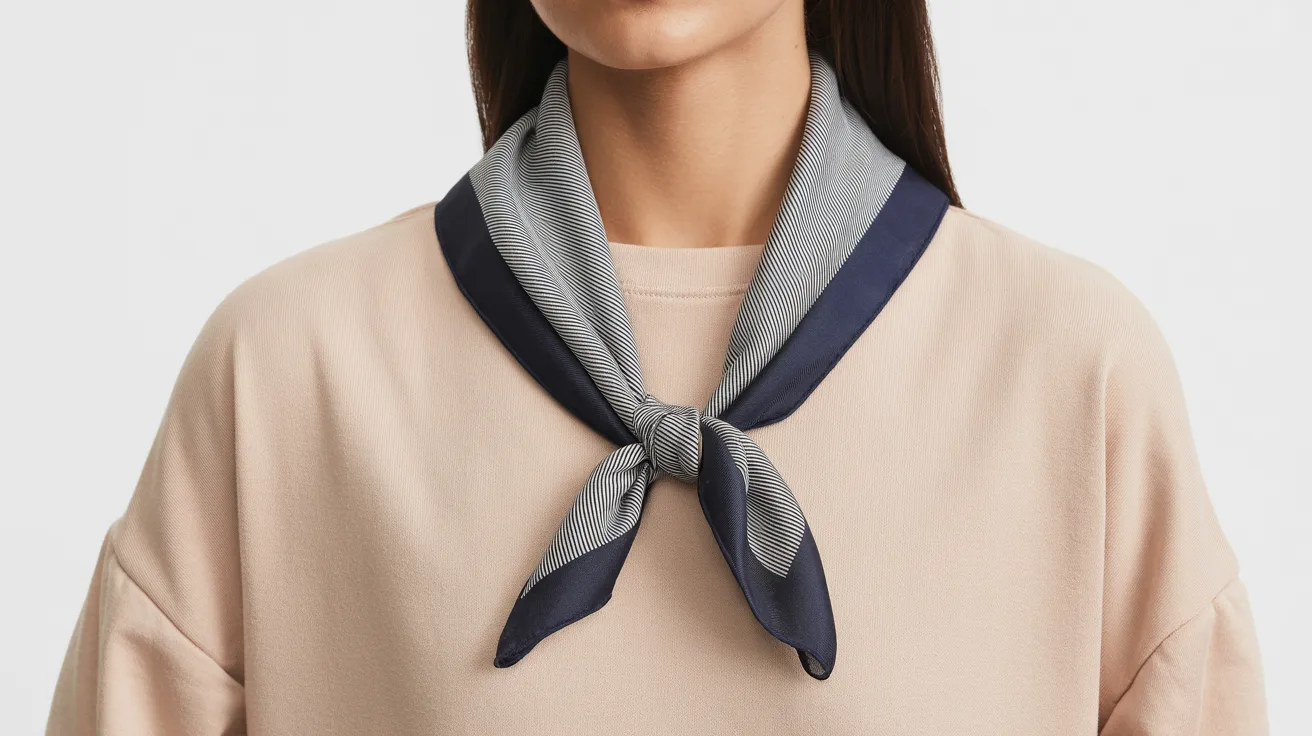 Square scarf styled as necklace with center knot pendant look.