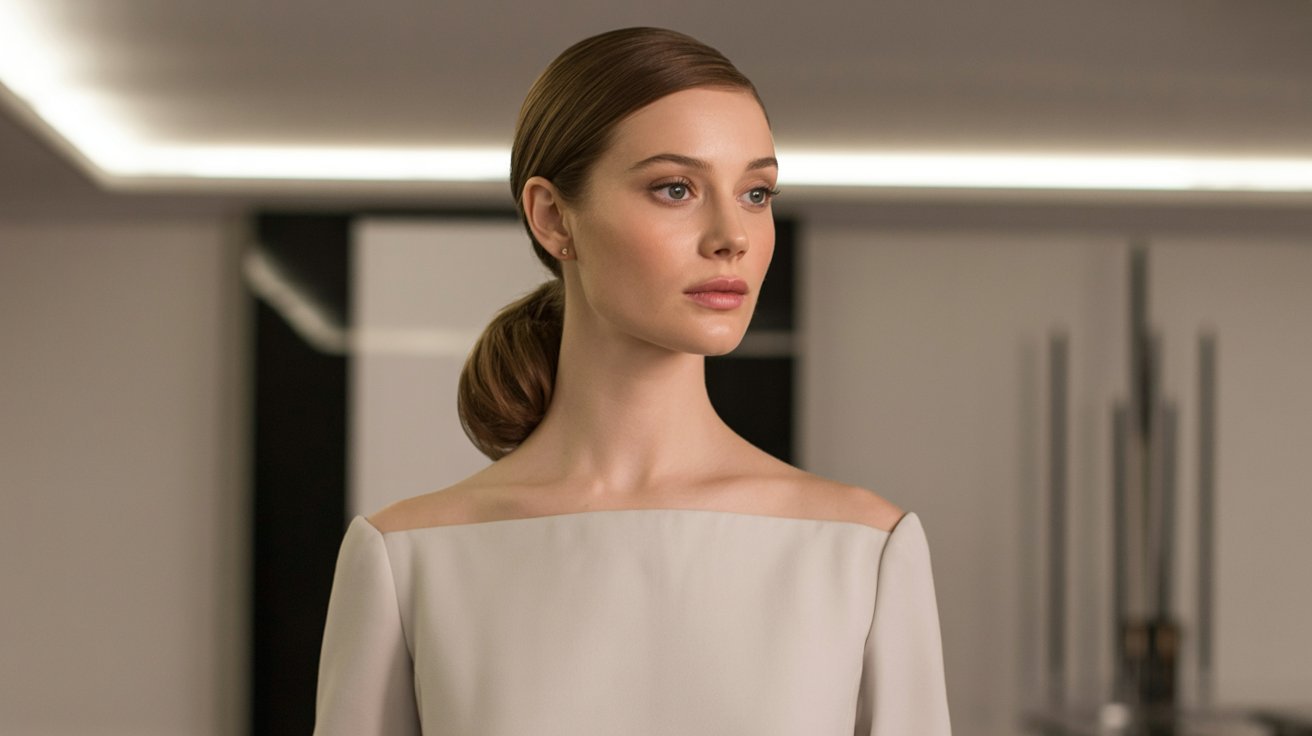 "Woman in a boat neck dress with a sleek low ponytail highlighting the elegant neckline"