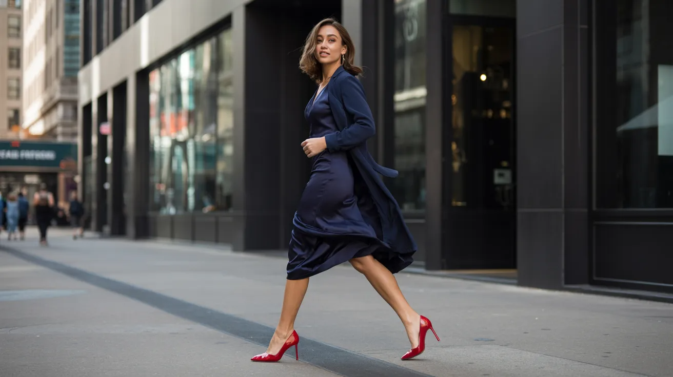 Red shoes adding contrast and personality to a navy dress.
