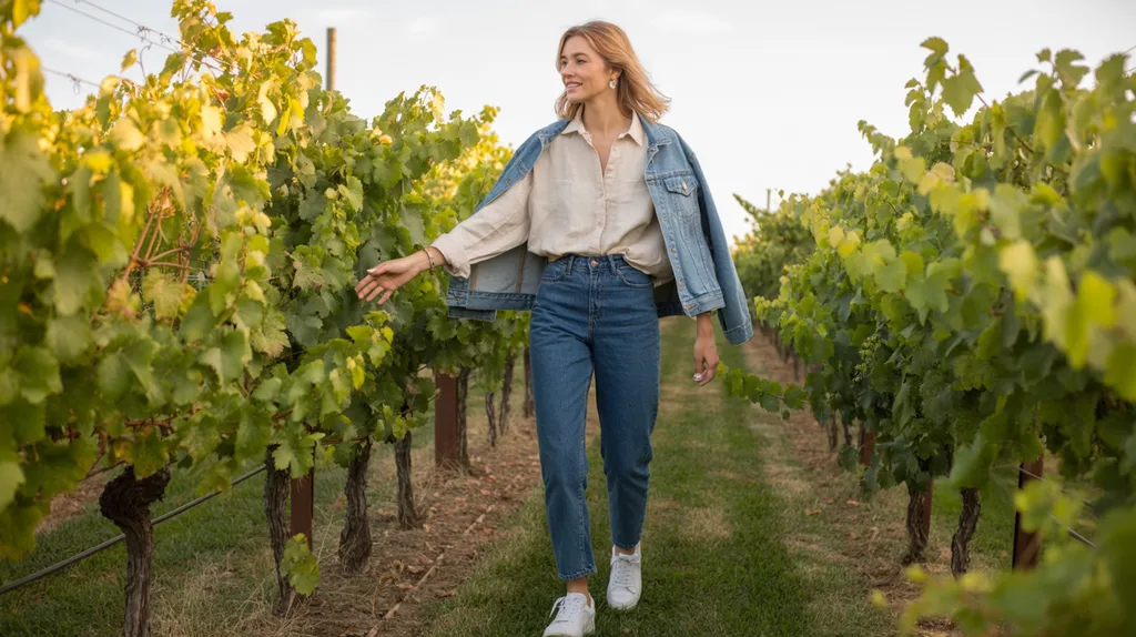 Casual winery outfit with jeans, linen shirt, and sneakers.