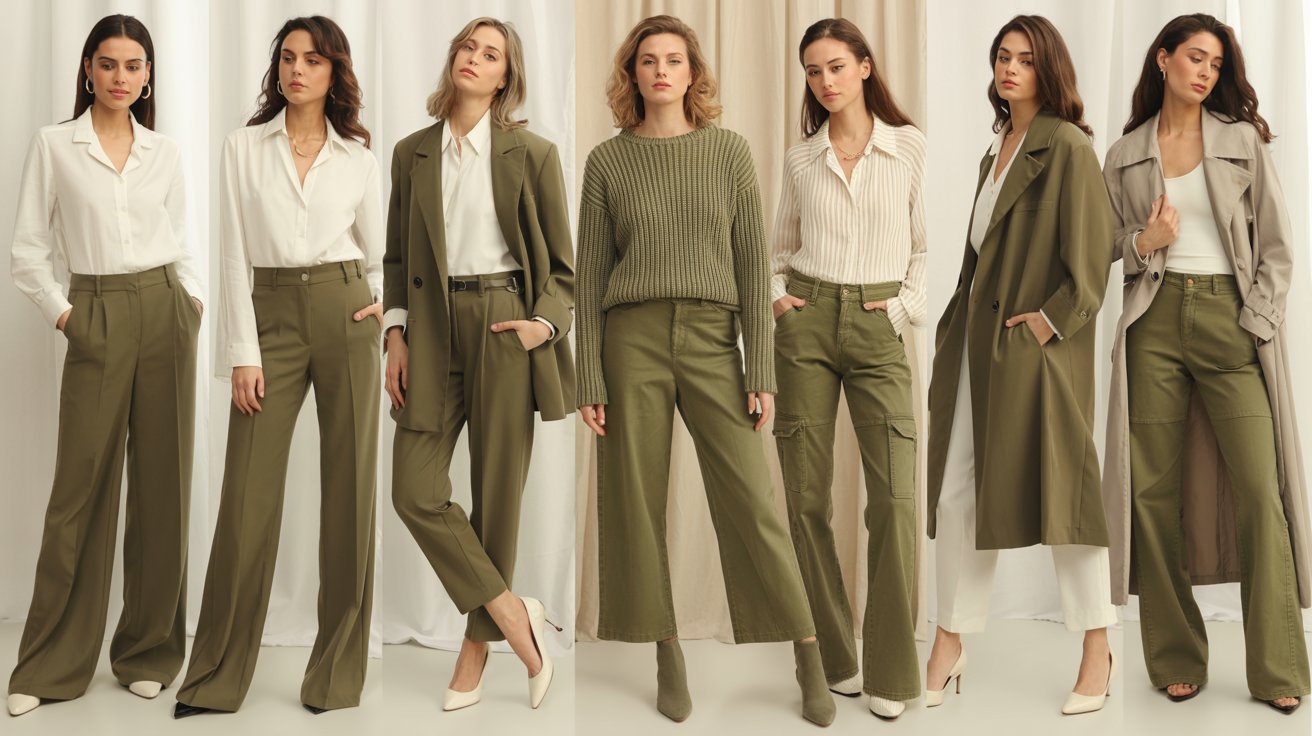 Stylish women wearing olive green pants styled with blazers, sweaters, boots, sneakers, and accessories