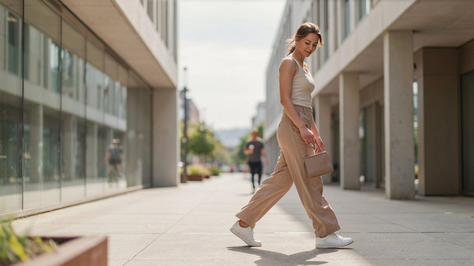 "Woman wearing wide leg pants with white sneakers for a comfortable everyday casual outfit"