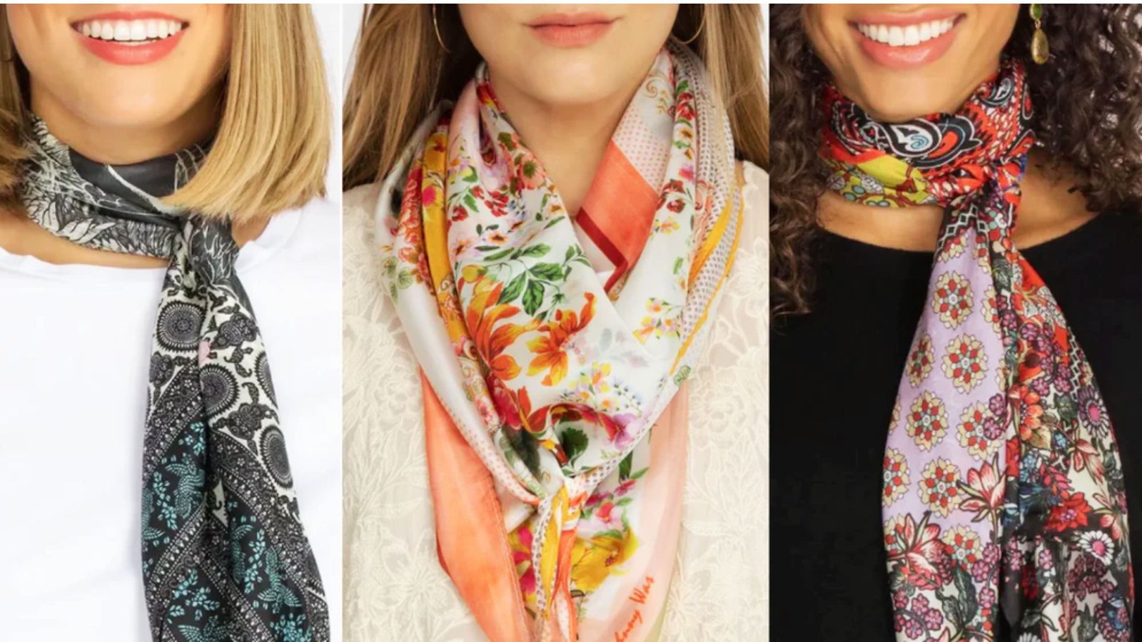 Square scarf styled in multiple easy ways for everyday outfits and looks.