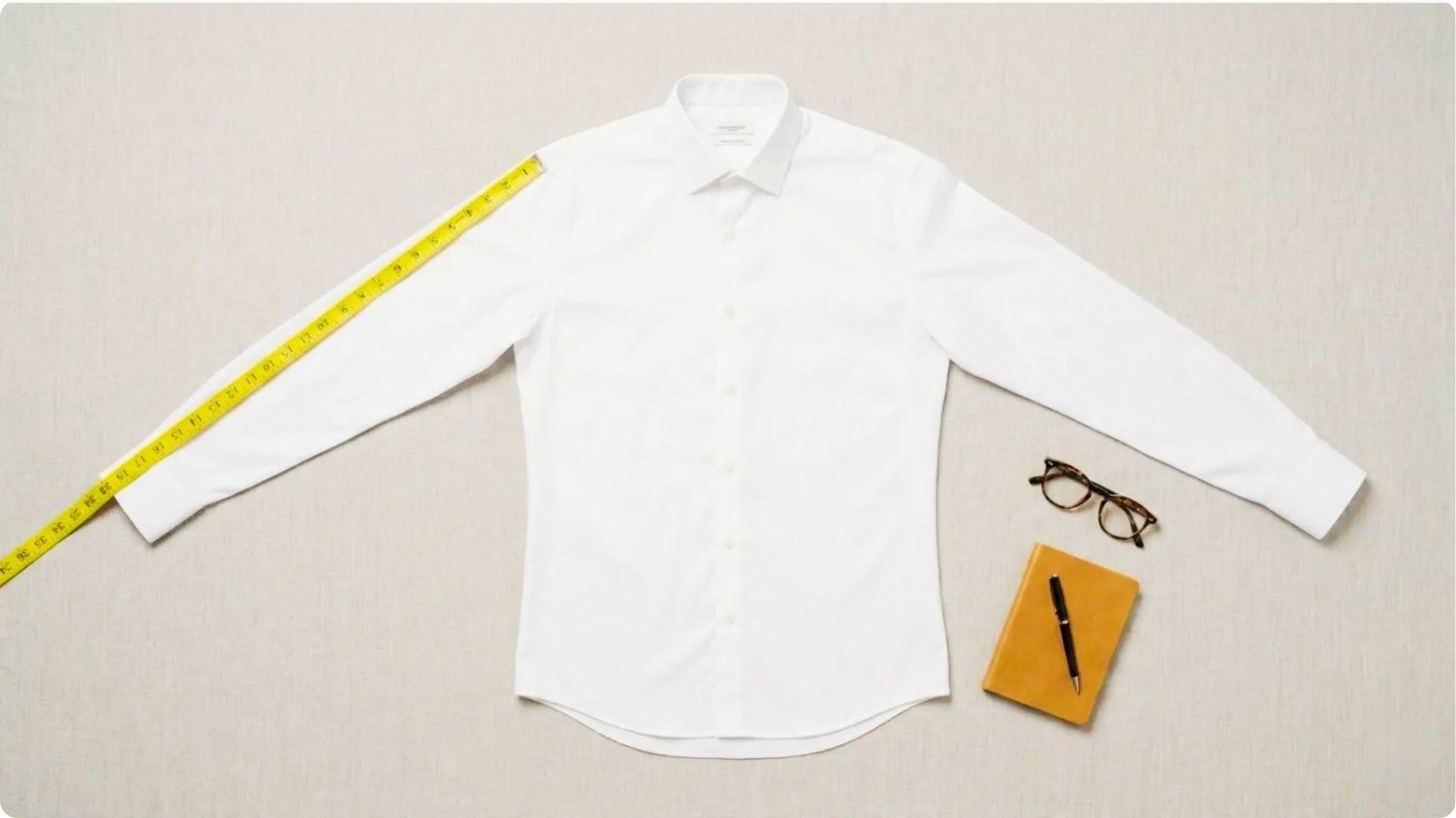 White dress shirt laid flat with a yellow measuring tape running along the sleeve from shoulder seam to cuff.
