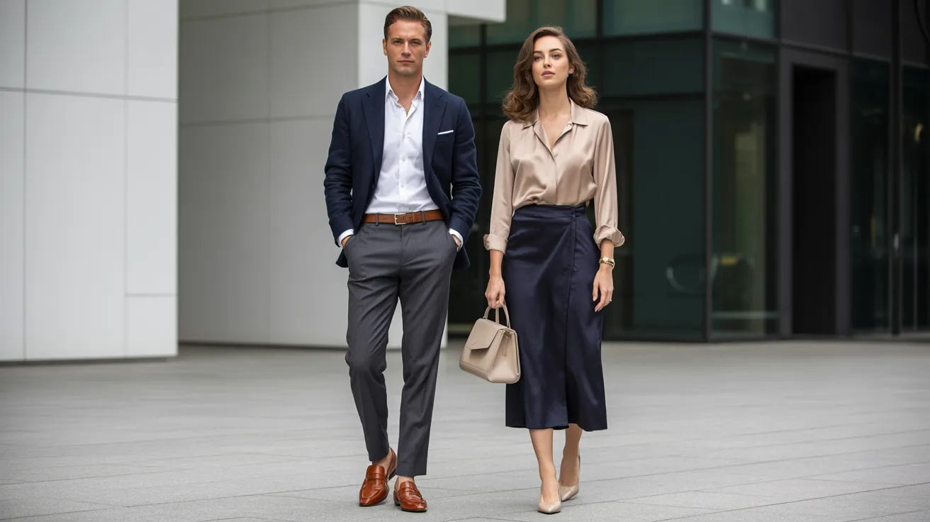 Man and woman showcasing upscale casual style with polished, comfortable, and refined outfits.