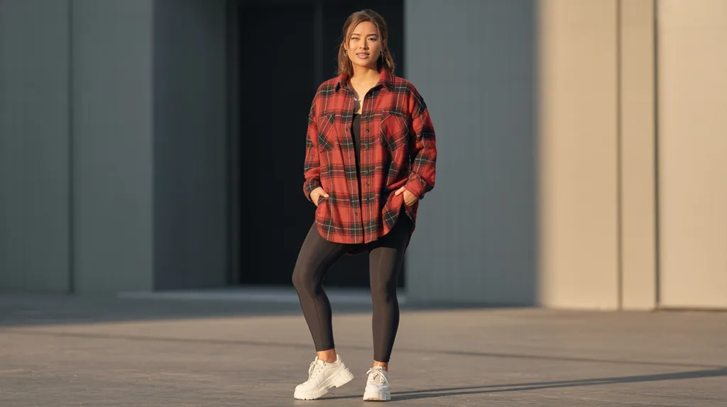 Oversized flannel shirt paired with black leggings.