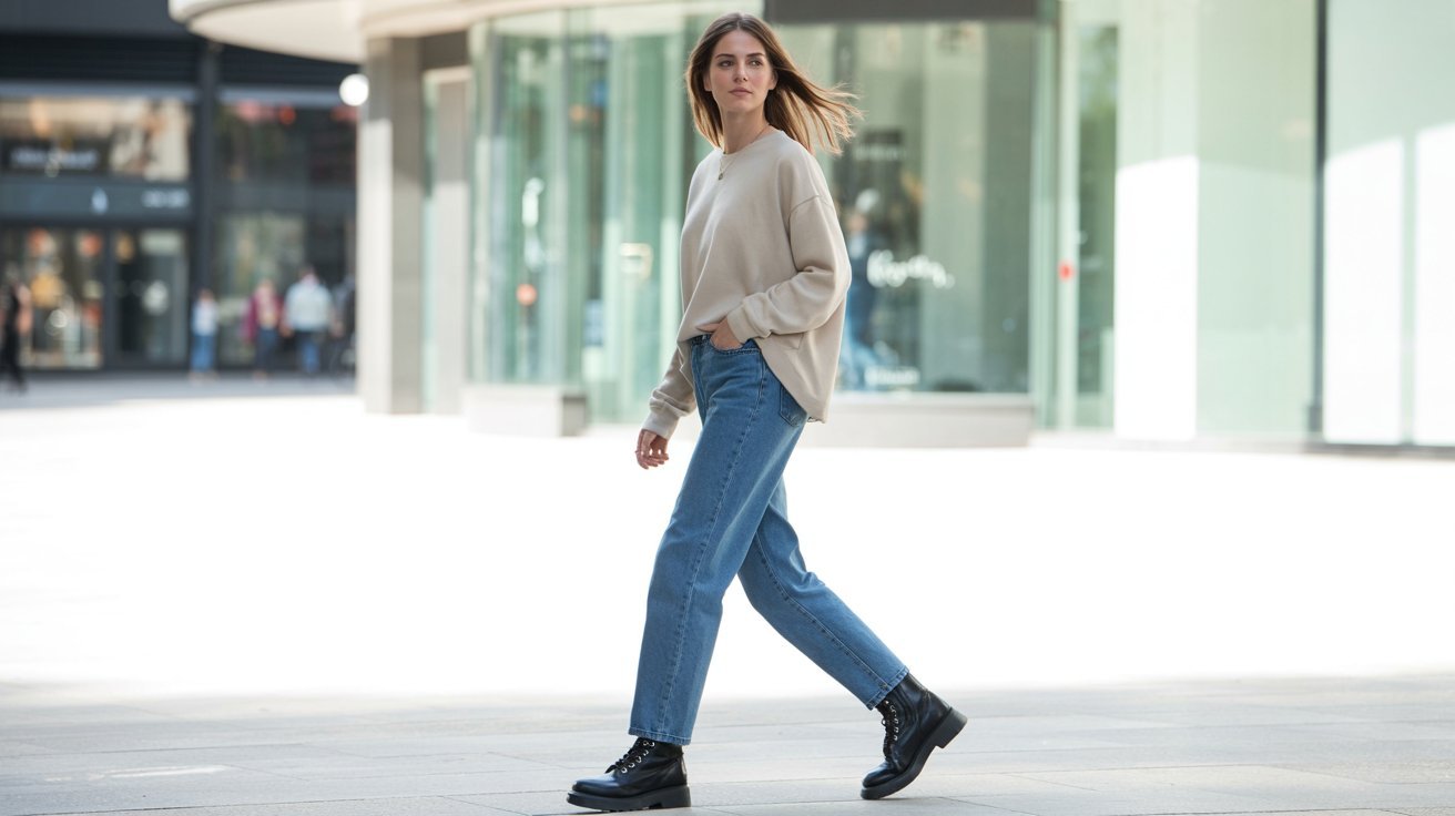Straight leg jeans paired with combat boots for relaxed versatile styling.