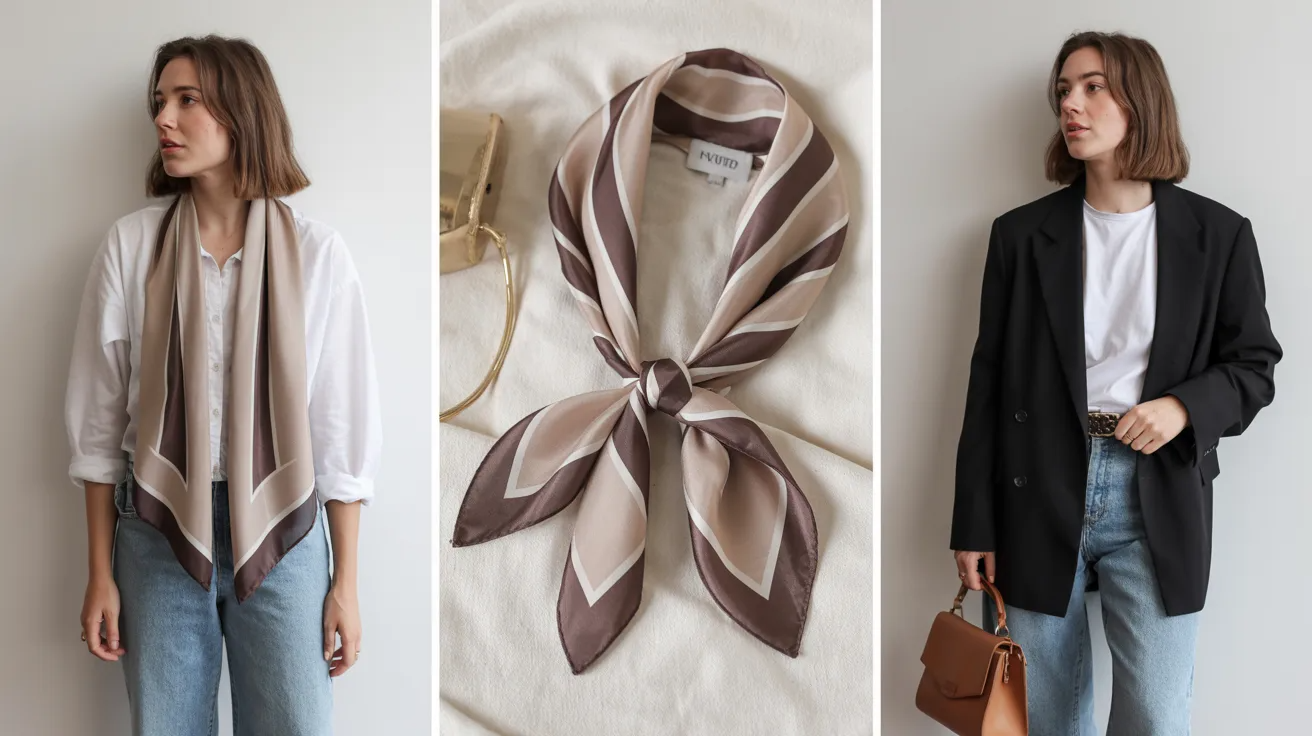 Square scarf styled in versatile ways with casual and formal outfits for wardrobe Must - Have.