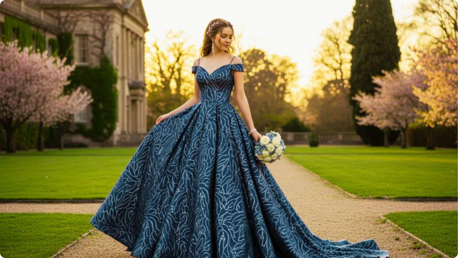 Bride in an off-shoulder navy blue ball gown with white pattern detail, holding a white bouquet and wearing crystal drop earrings.
