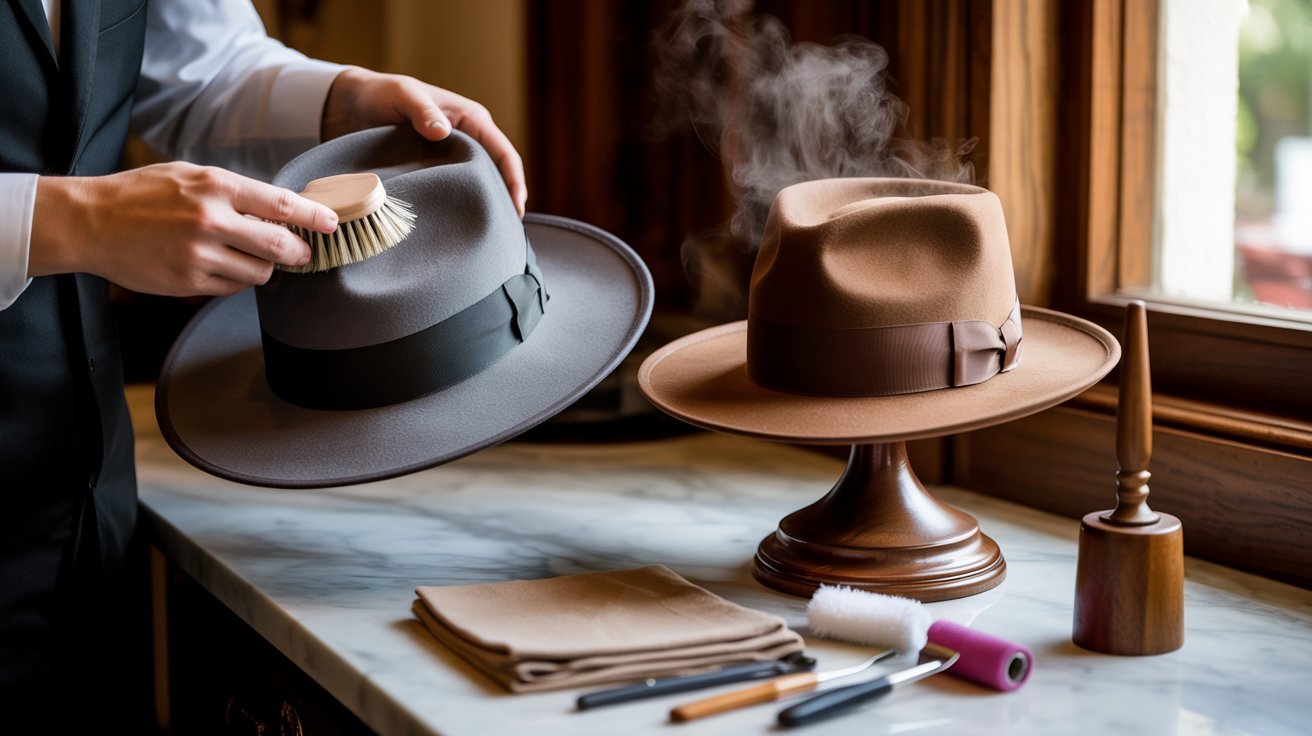 Fedora being cleaned, stored properly, and reshaped to maintain its appearance.