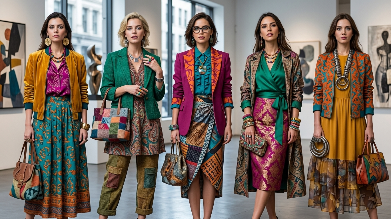 Artistic fashion editorial image of women wearing colorful patterned outfit with layered textures and bold accessories, showcasing the Creative Archetype.