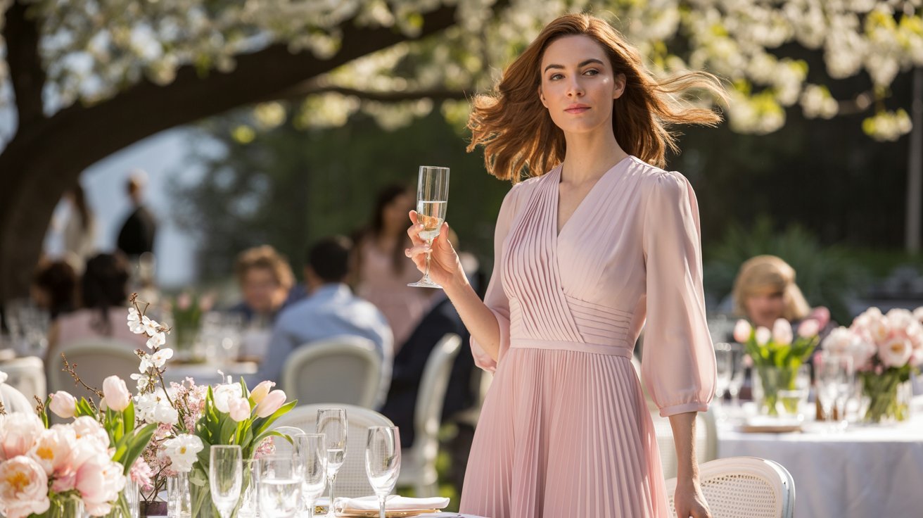 Woman in a pastel dress attending a spring luncheon gathering