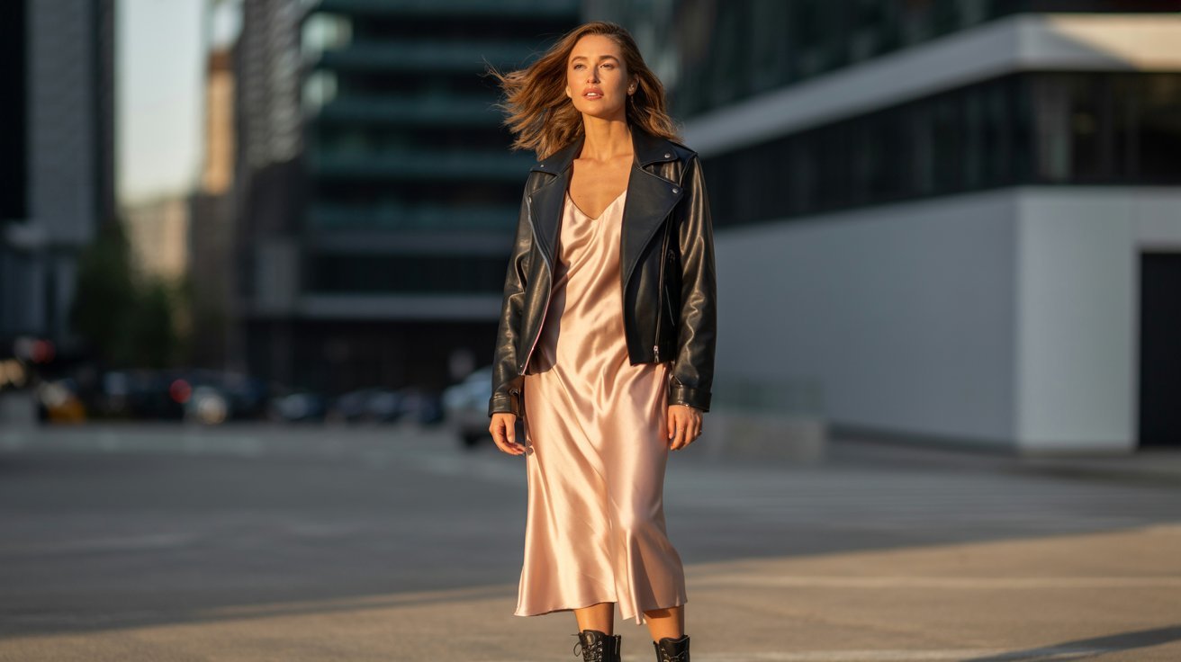 Silky slip dress layered with leather jacket and combat boots for edgy style.