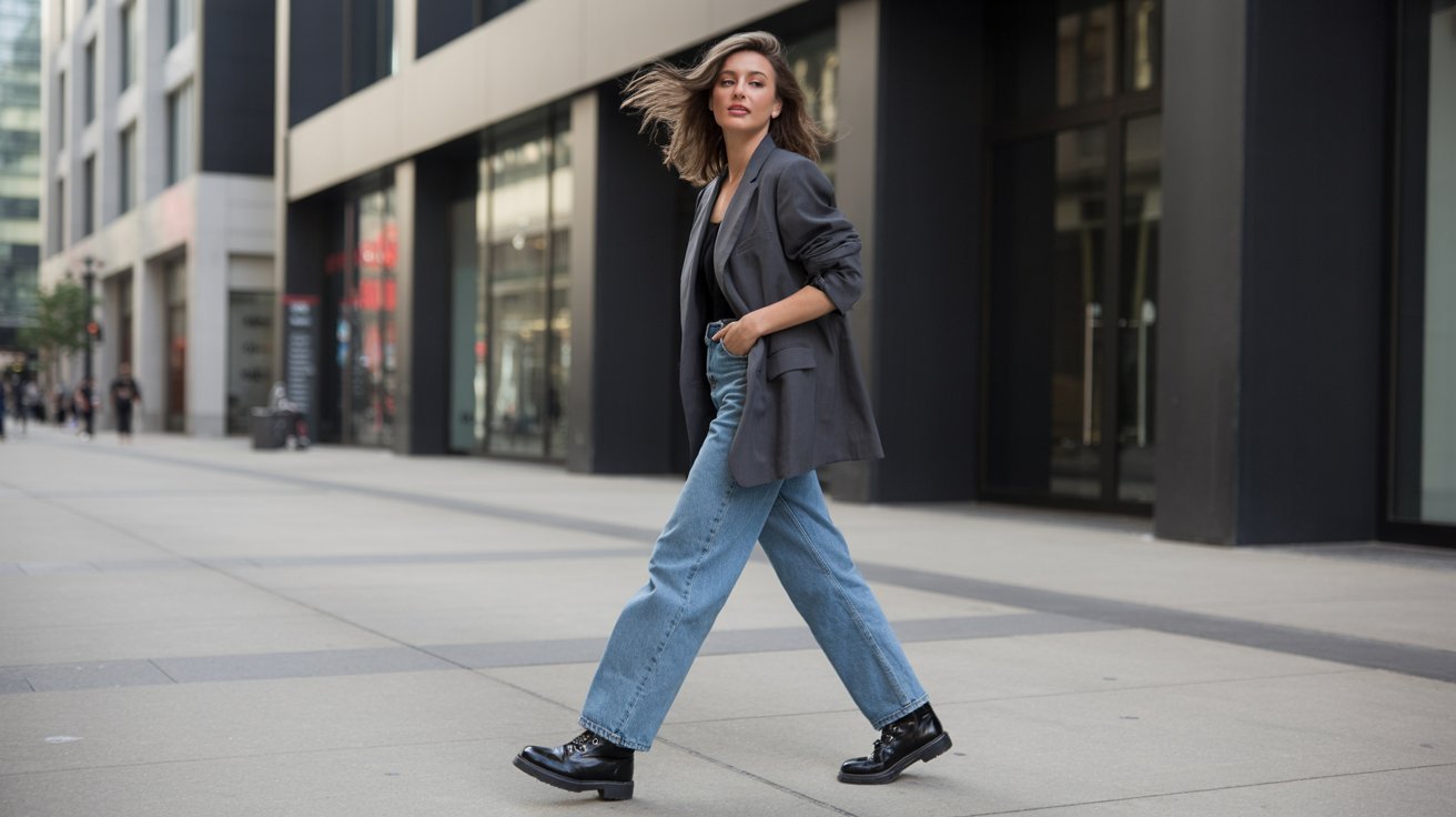 Oversized blazer paired with combat boots for a chic edgy outfit.