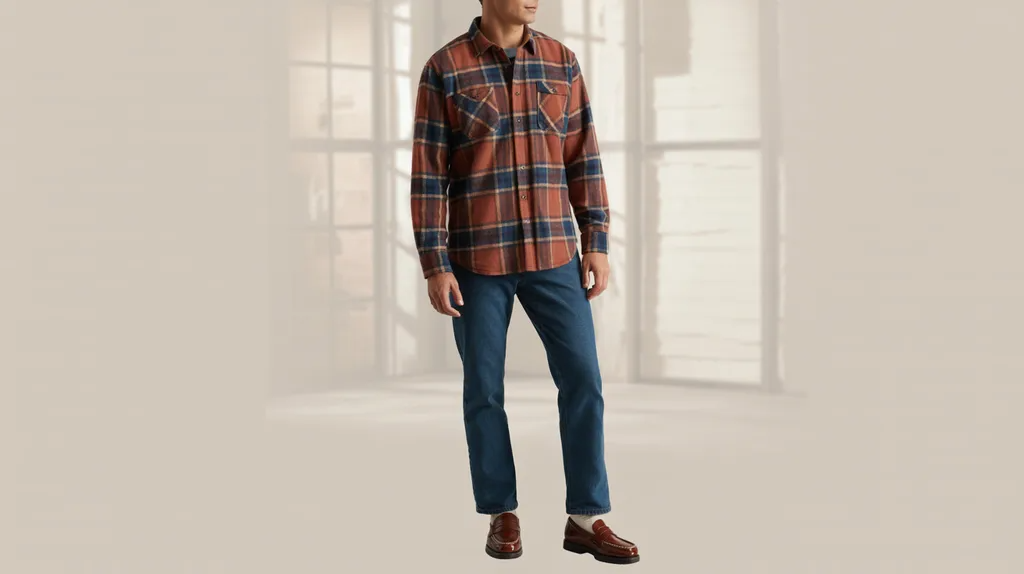 Flannel shirt paired with straight-leg jeans.