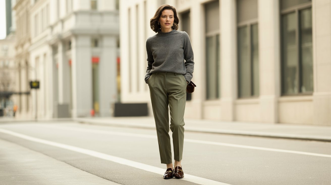 Woman styling olive green pants with gray sweater and loafers for smart casual look