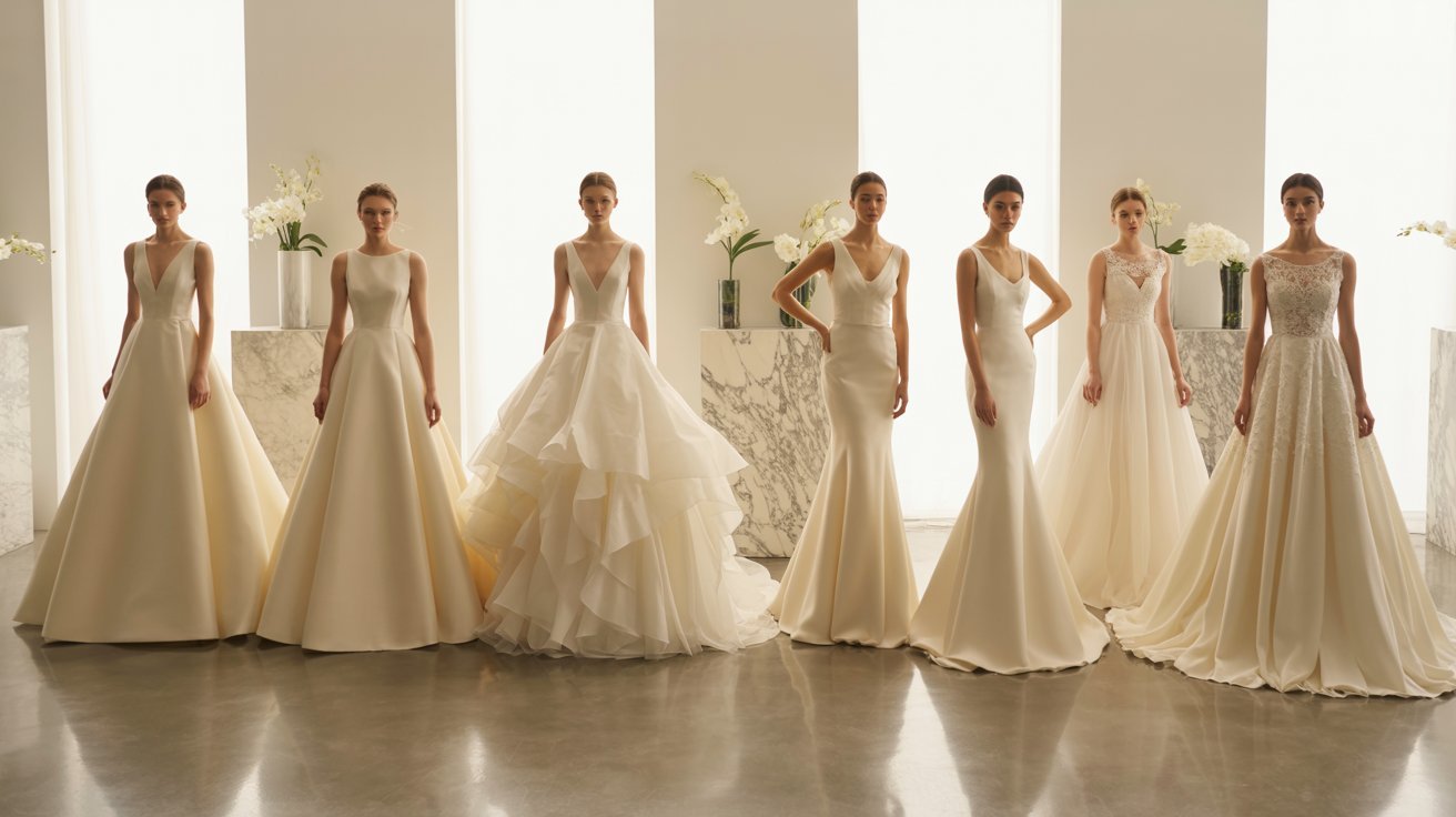 Wedding dress silhouettes displayed on brides, highlighting unique gown shapes, structure, fit, and elegance.