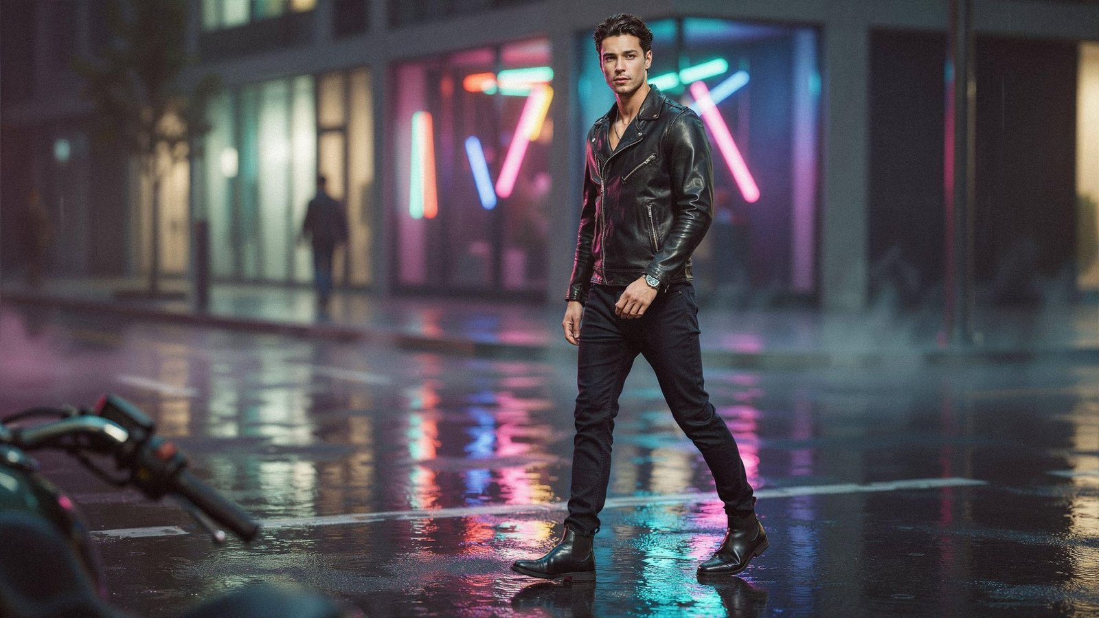 "Man wearing fitted leather jacket with black jeans and Chelsea boots in a modern 80s-inspired street style outfit"