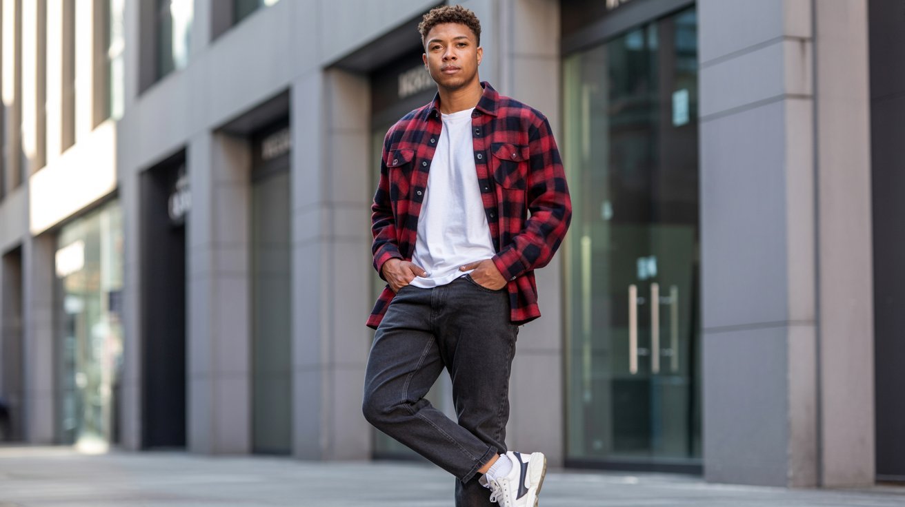 "Man layering an open flannel button-up shirt over a white t-shirt with jeans and sneakers for street style."
