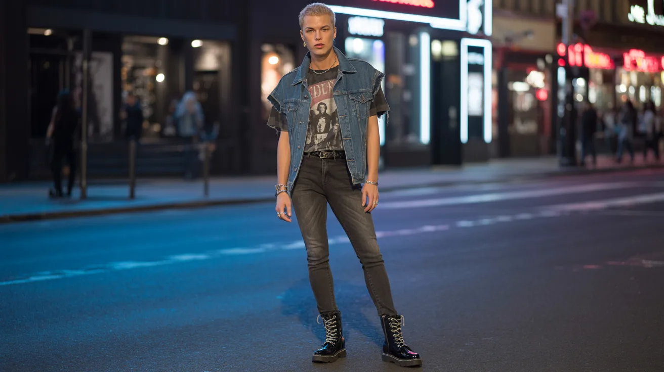 Jean vest outfit with a graphic tee and boots for a night out.