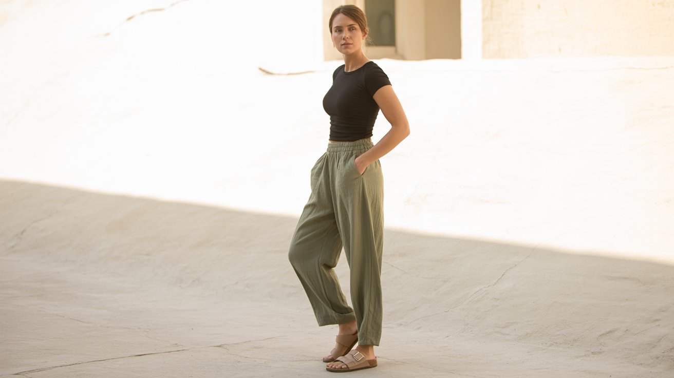 Olive green pants with black muscle tee and sandals for relaxed comfort