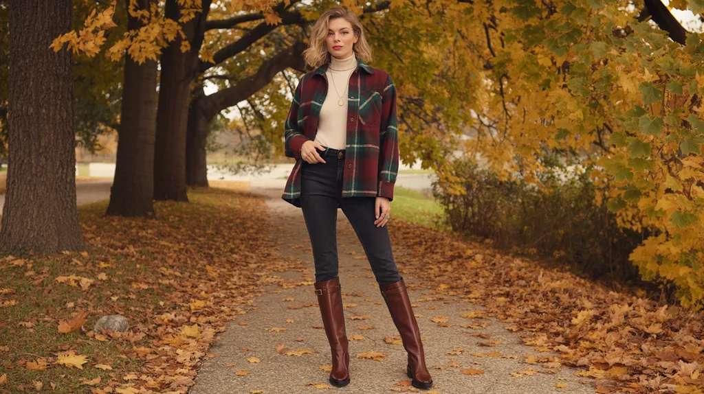 Flannel outfit featuring knee-high boots.