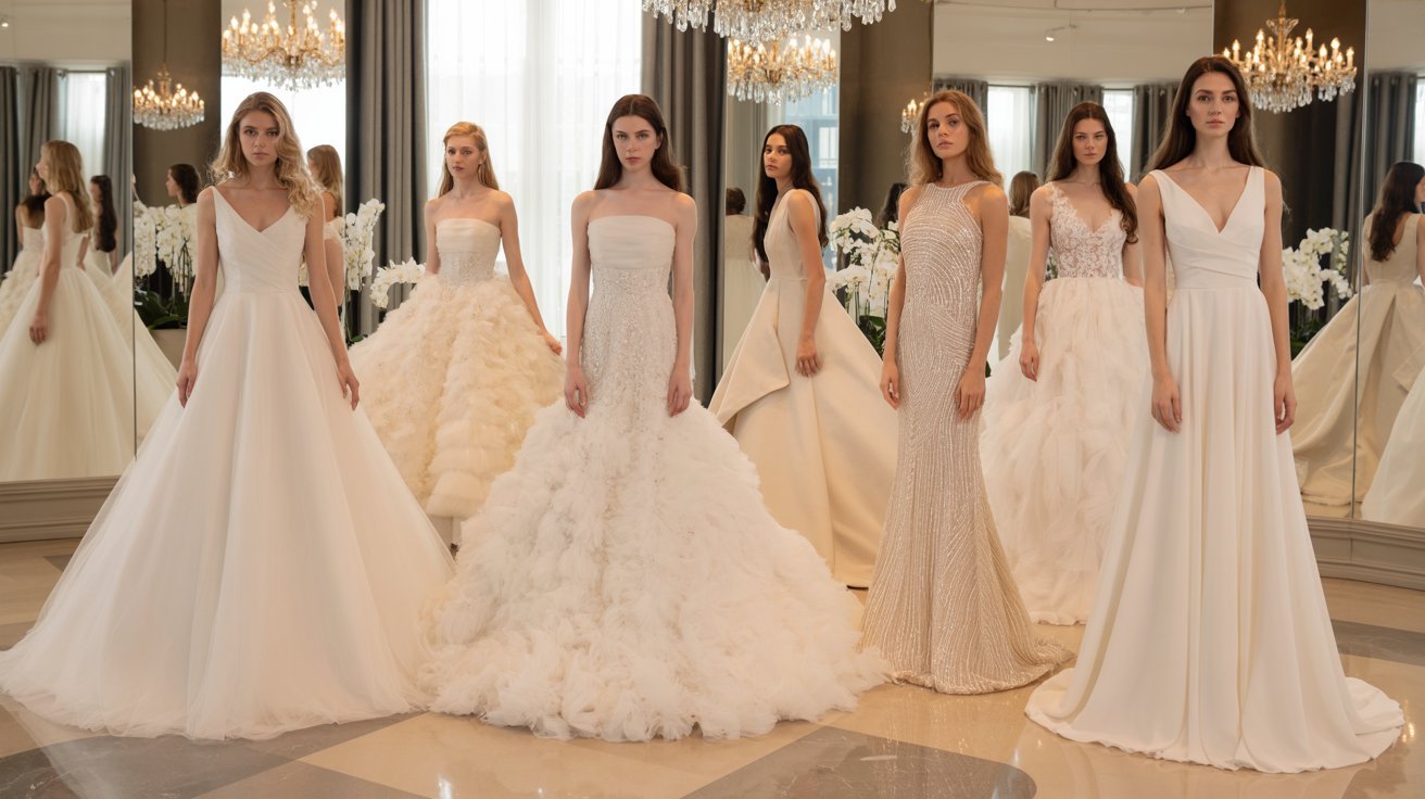 Bridal models displaying various wedding dress silhouettes including A-line, mermaid, ball gown, and sheath styles.