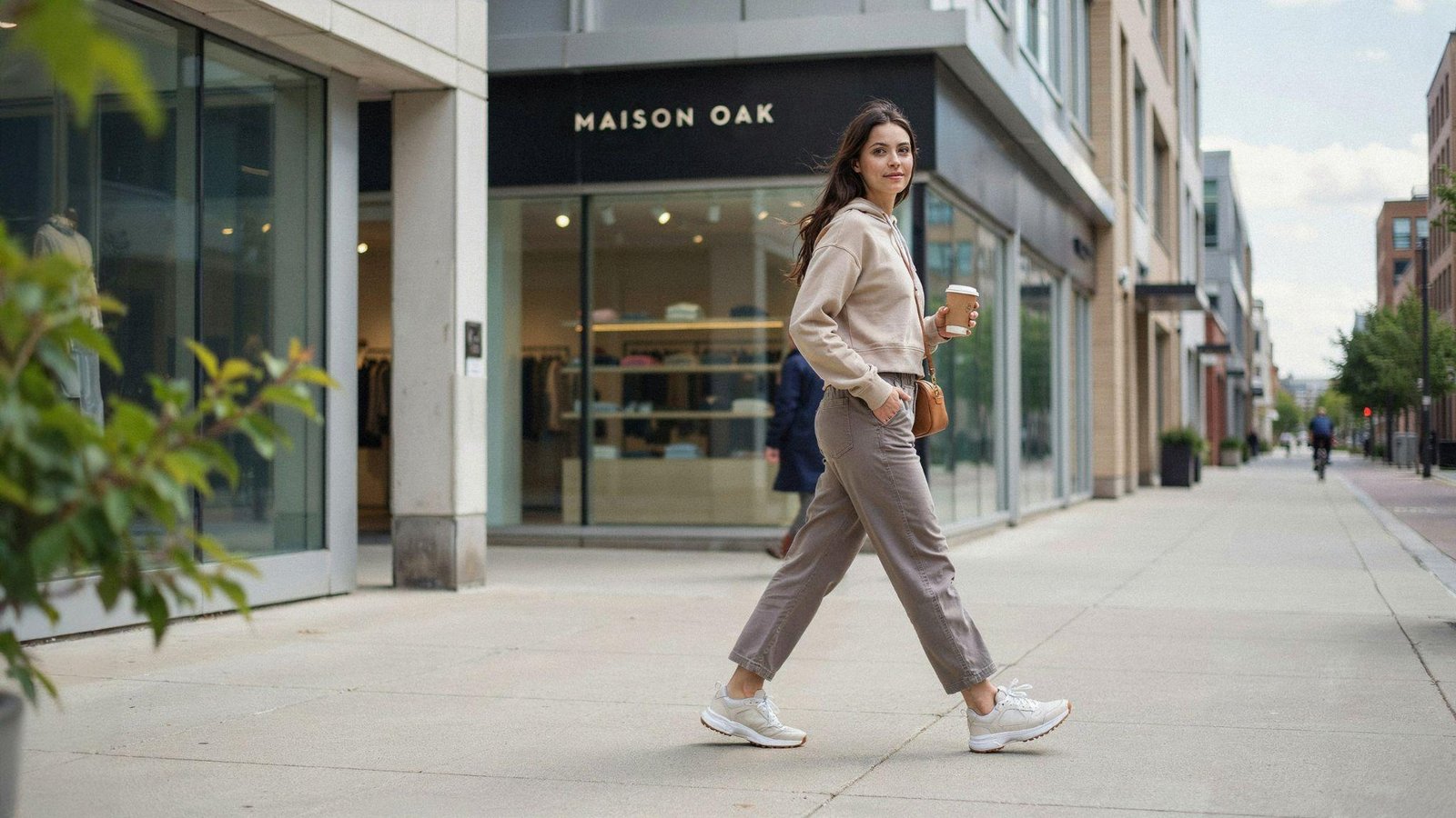 "Woman wearing wide leg pants with a fitted hoodie for a casual athleisure outfit"
