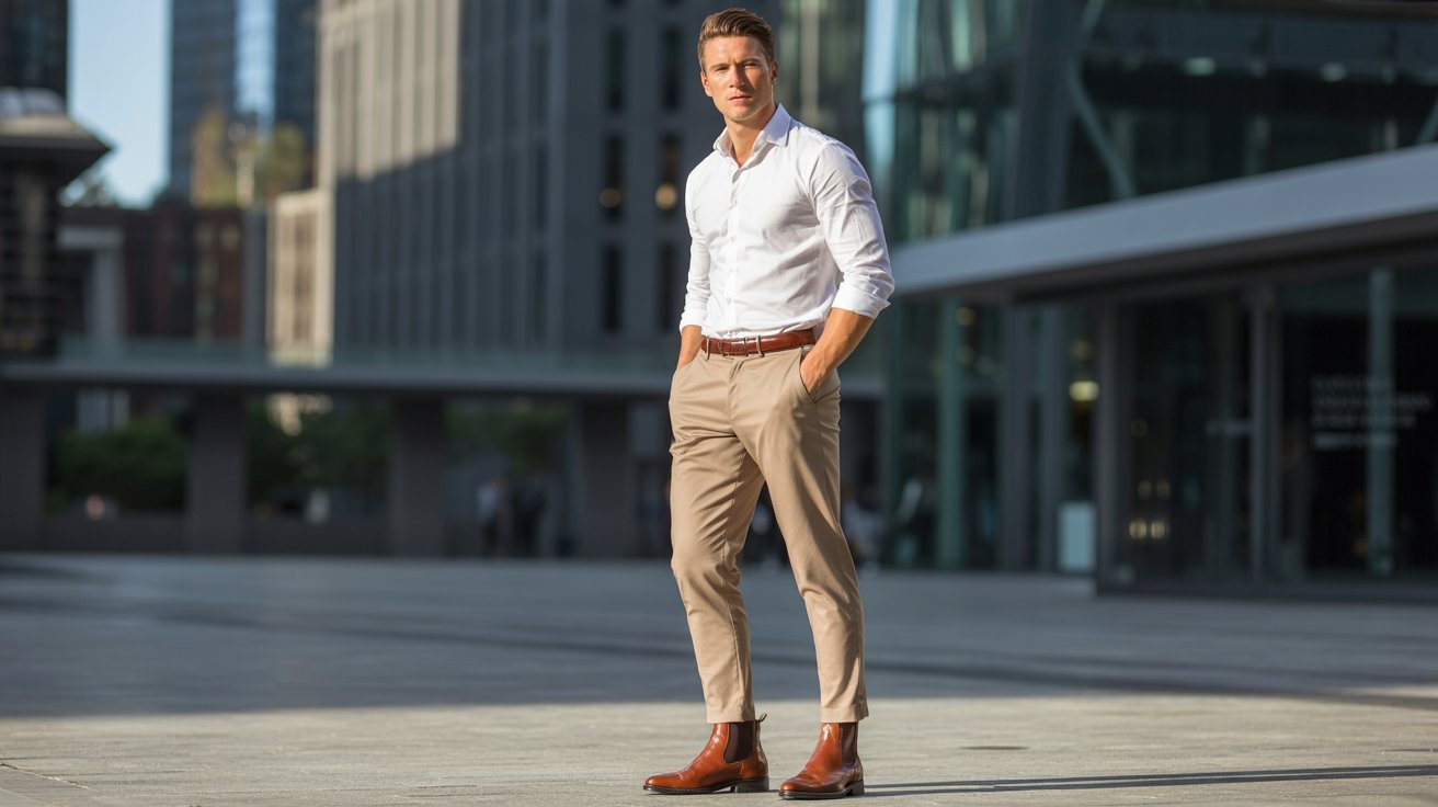"Man wearing a tucked-in button-up shirt with chinos and loafers for a smart casual outfit style."