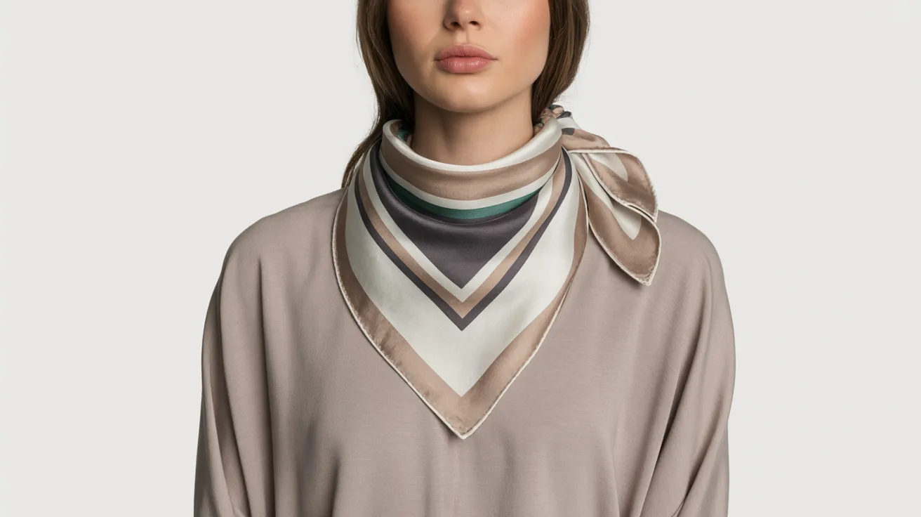 Square scarf worn in bib style covering neckline for polished look.