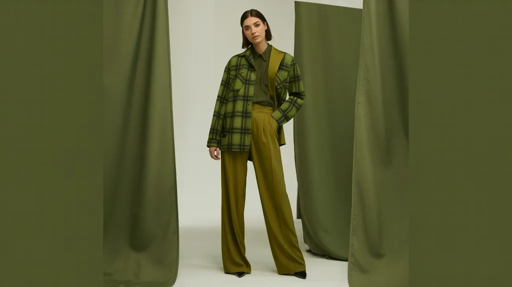 Monochromatic outfit featuring a green flannel shirt.