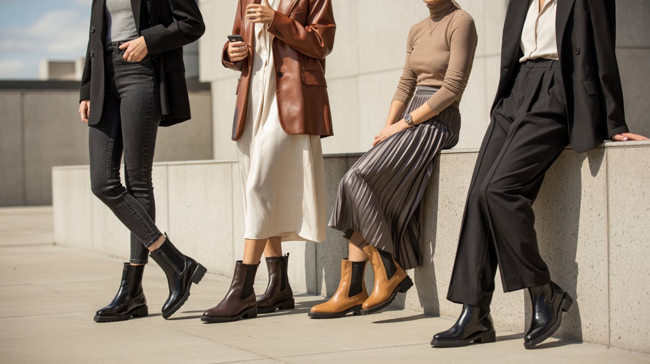 Women styling versatile combat boots with dresses, jeans, skirts, and trousers year-round fashion.