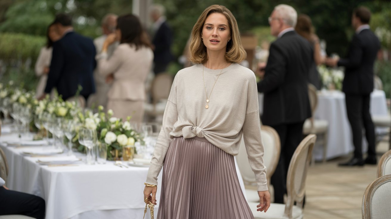 Woman wearing a pleated midi skirt and lightweight sweater at luncheon