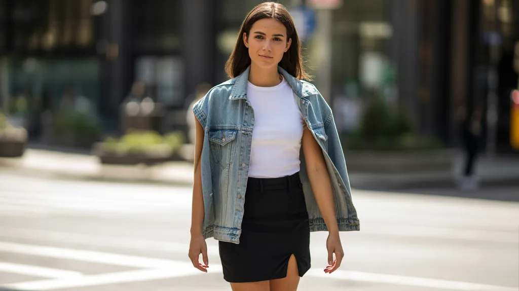 Black skort outfit with a denim vest and white t-shirt