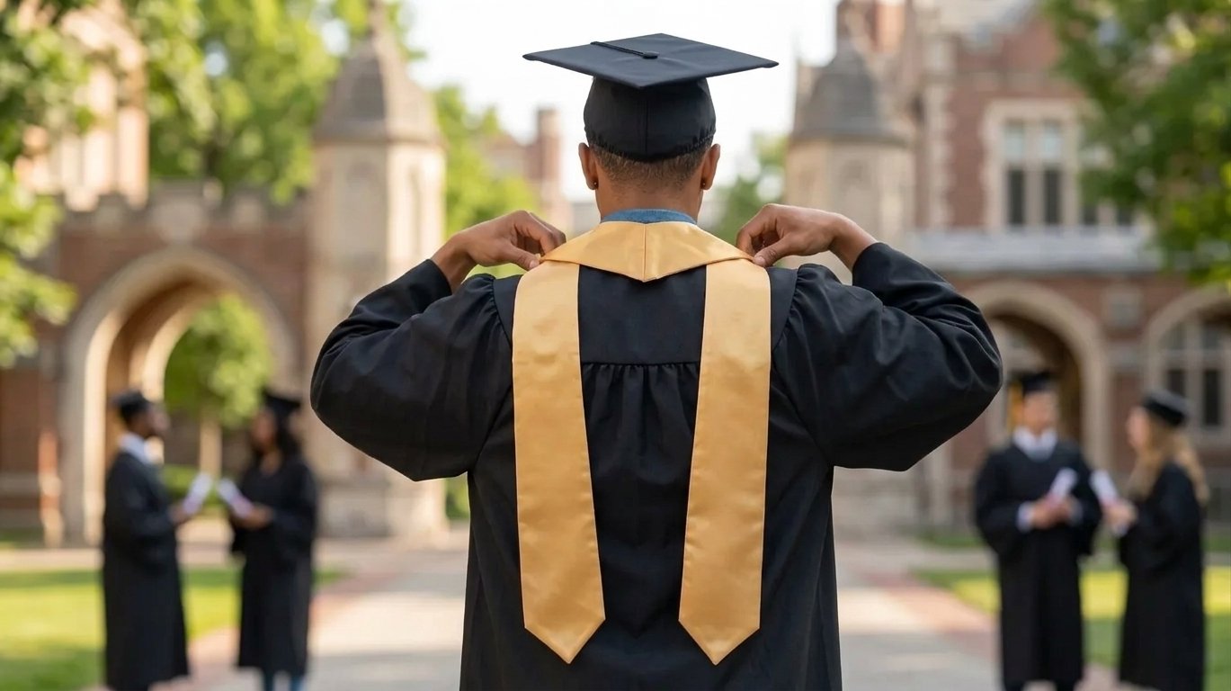 Graduate smoothing stole across shoulders to ensure neat and wrinkle-free placement.
