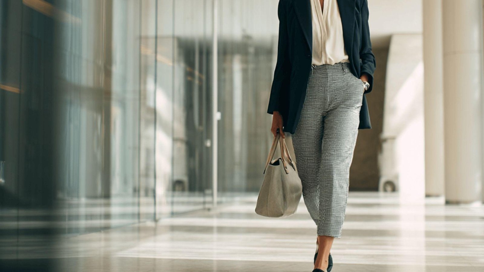 A woman walking through a modern office lobby in a navy blazer, houndstooth trousers, and carrying a beige tote bag.