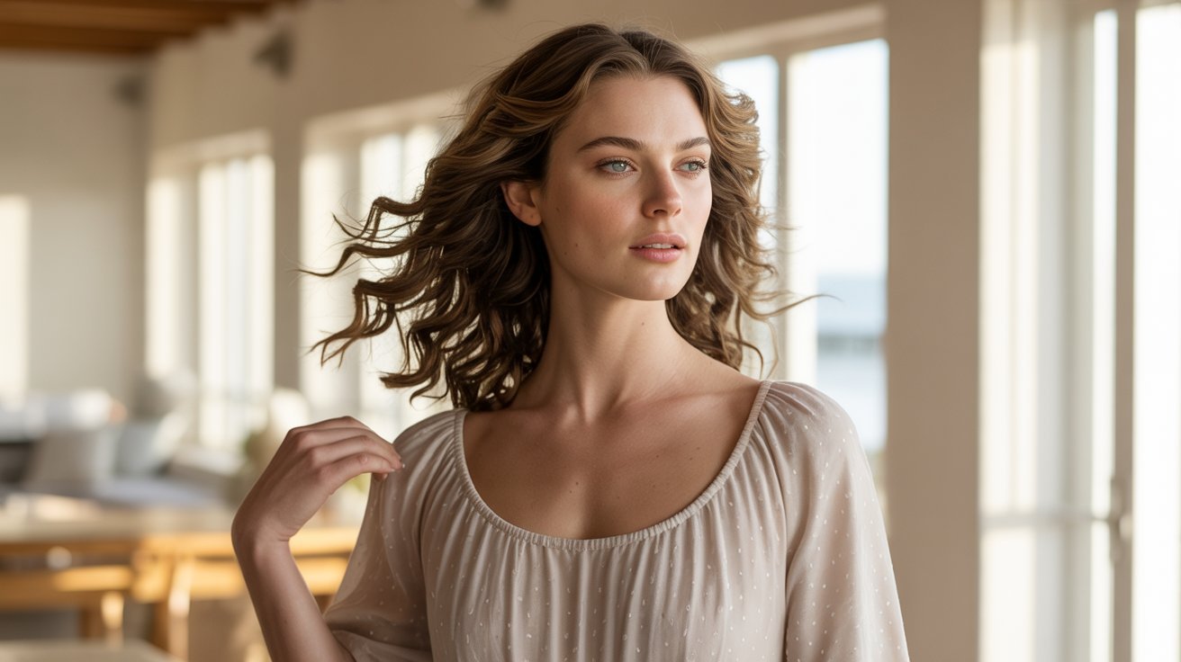 "Woman in a scoop neck dress with relaxed beach waves creating an effortless casual style"