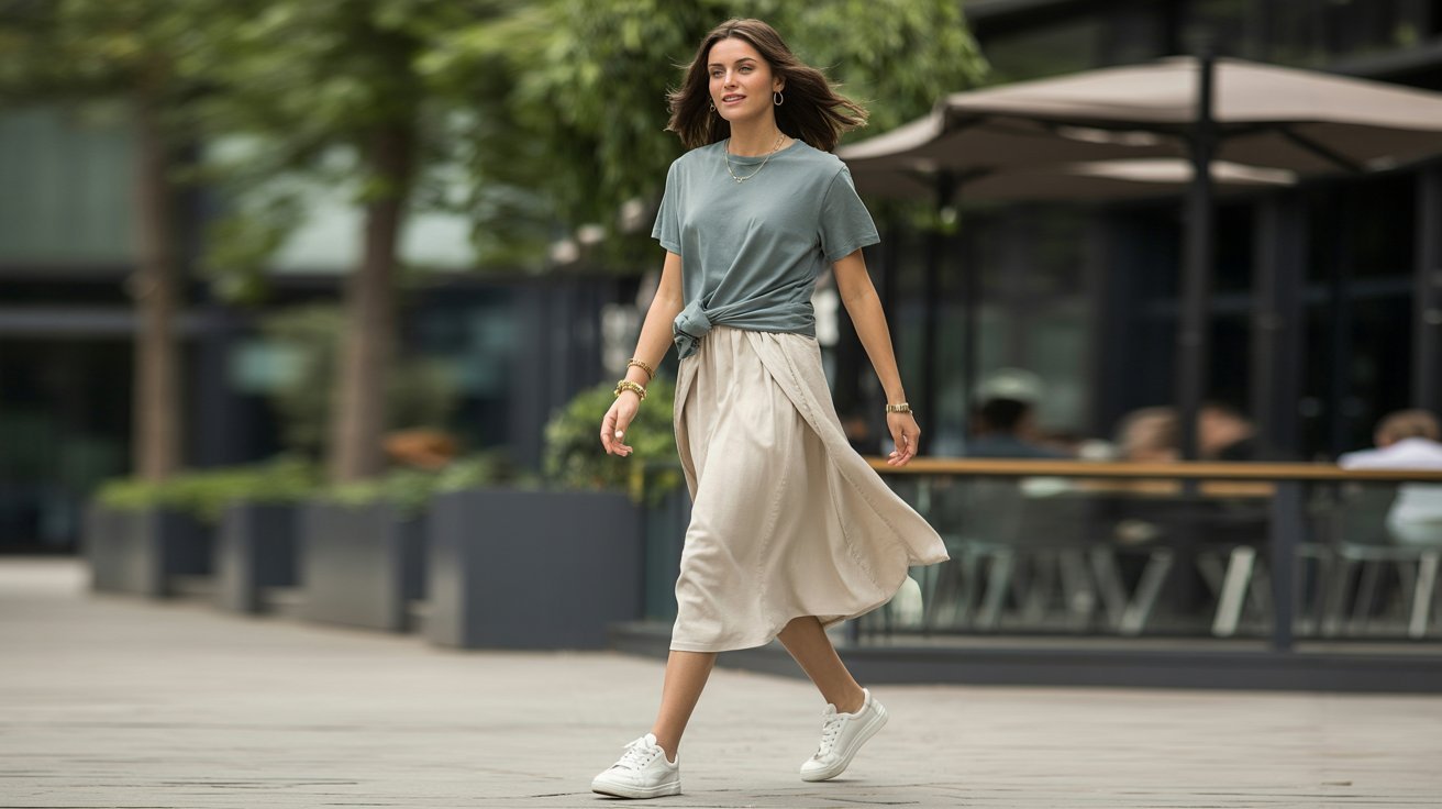Woman walking through a city plaza in a knotted sage green tee layered over a beige wrap-style midi skirt.